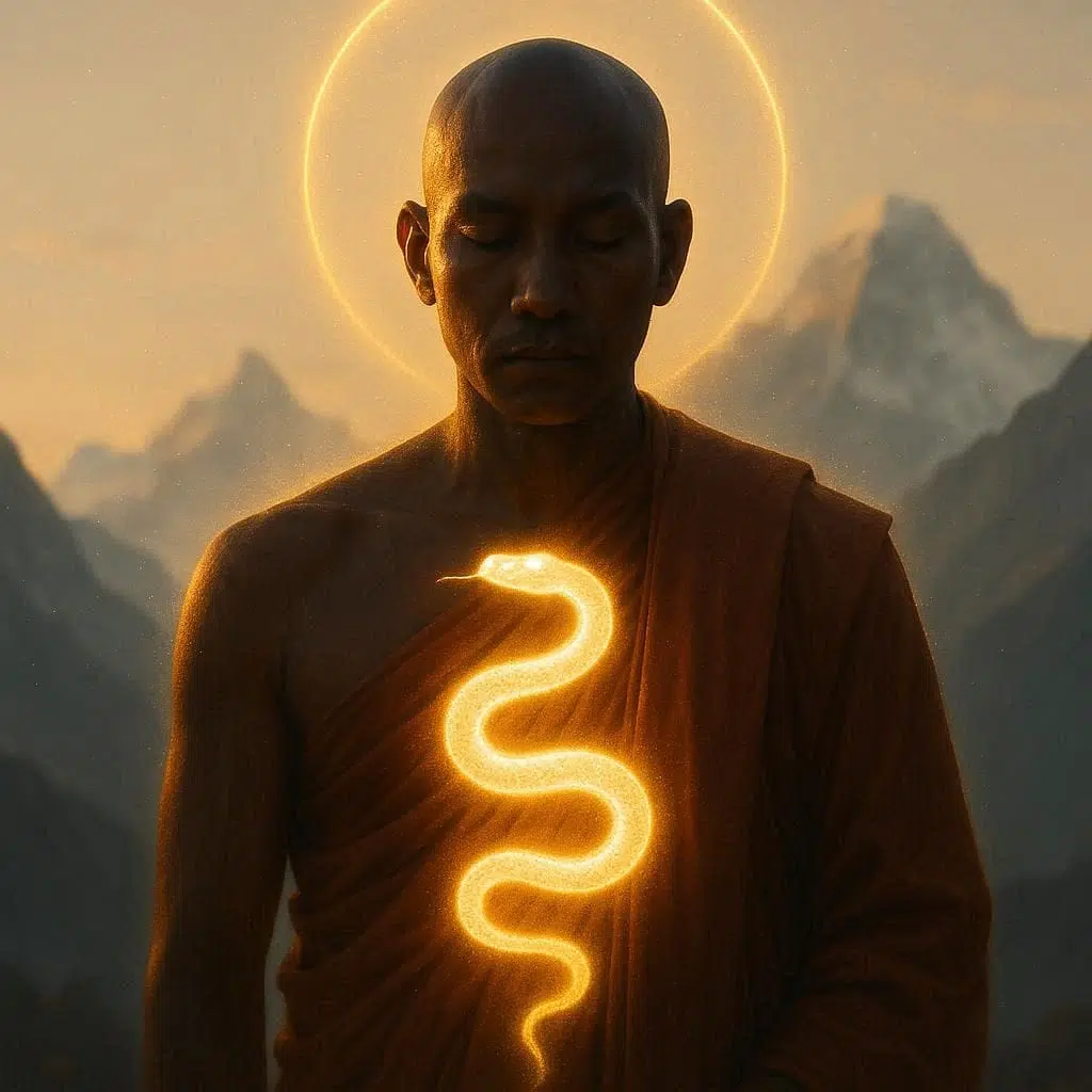Mnich z wijącym się wężem Kundalini na klatce piersiowej - rozwijanie Kundalini